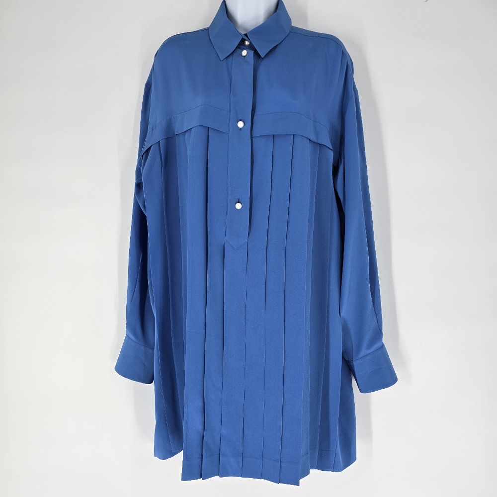 Chanel Blue Pleated Silk Shirt Pearl Buttons Size 46 US 10